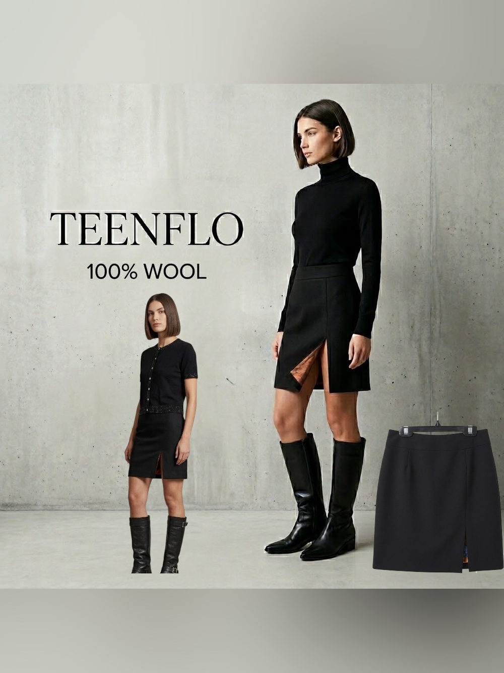Teenflo 100% Wool Pencil Mini Skirt Iridescent Lining Slit Minimalist Canada 6